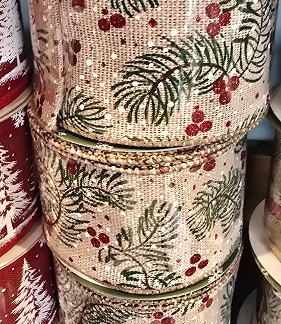 Natural & Red Berry Wired Ribbon