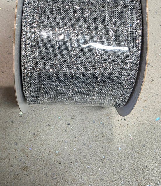 Grey Silver Glitter Wired Ribbon