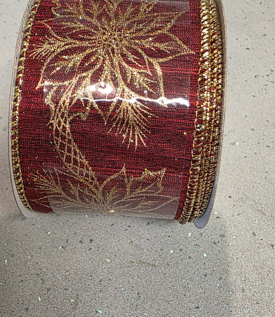 Burgundy & Gold Poinsettia Wired Ribbon