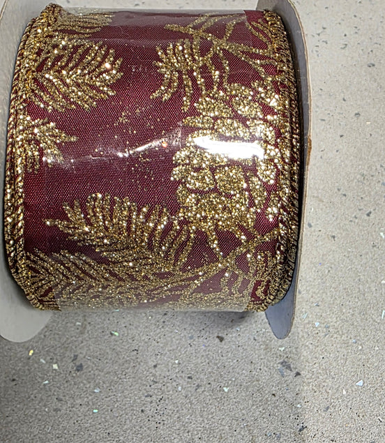 Burgundy & Gold Fir Cone Wired Ribbon