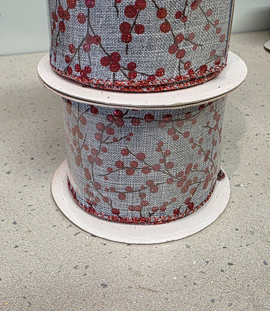 Grey & Red Berry Wired Ribbon
