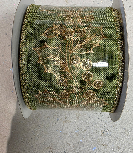 Green & Gold Holly Wired Ribbon